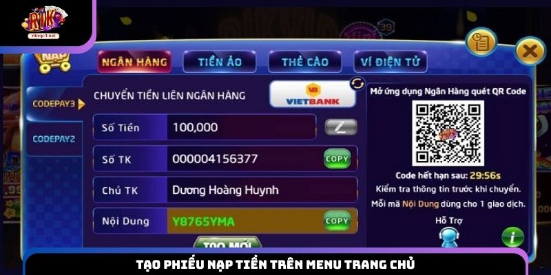 Tạo phiếu nạp tiền trên menu trang chủ